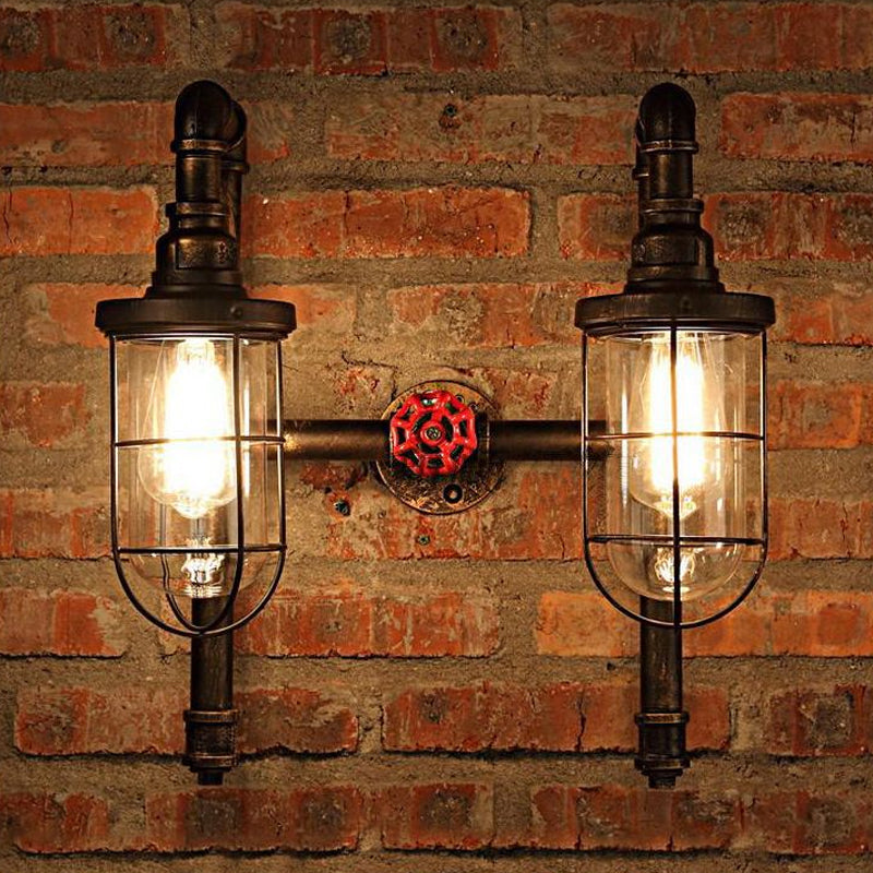 Black/Bronze Tubed Wall Light Fixture Industrial Metallic 2 Lights Kitchen Sconce Lighting with Cage Shade and Red Valve Clearhalo 'Art deco wall lights' 'Cast Iron' 'Glass' 'Industrial wall lights' 'Industrial' 'Middle century wall lights' 'Modern' 'Rustic wall lights' 'Tiffany' 'Traditional wall lights' 'Wall Lamps & Sconces' 'Wall Lights' Lighting' 1420436