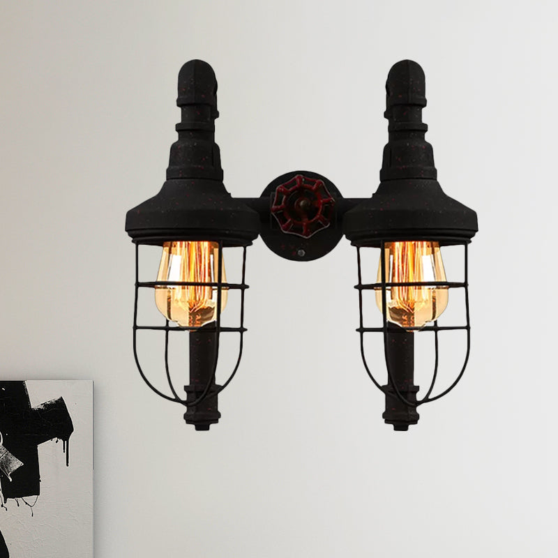 Black/Bronze Tubed Wall Light Fixture Industrial Metallic 2 Lights Kitchen Sconce Lighting with Cage Shade and Red Valve Clearhalo 'Art deco wall lights' 'Cast Iron' 'Glass' 'Industrial wall lights' 'Industrial' 'Middle century wall lights' 'Modern' 'Rustic wall lights' 'Tiffany' 'Traditional wall lights' 'Wall Lamps & Sconces' 'Wall Lights' Lighting' 1420437