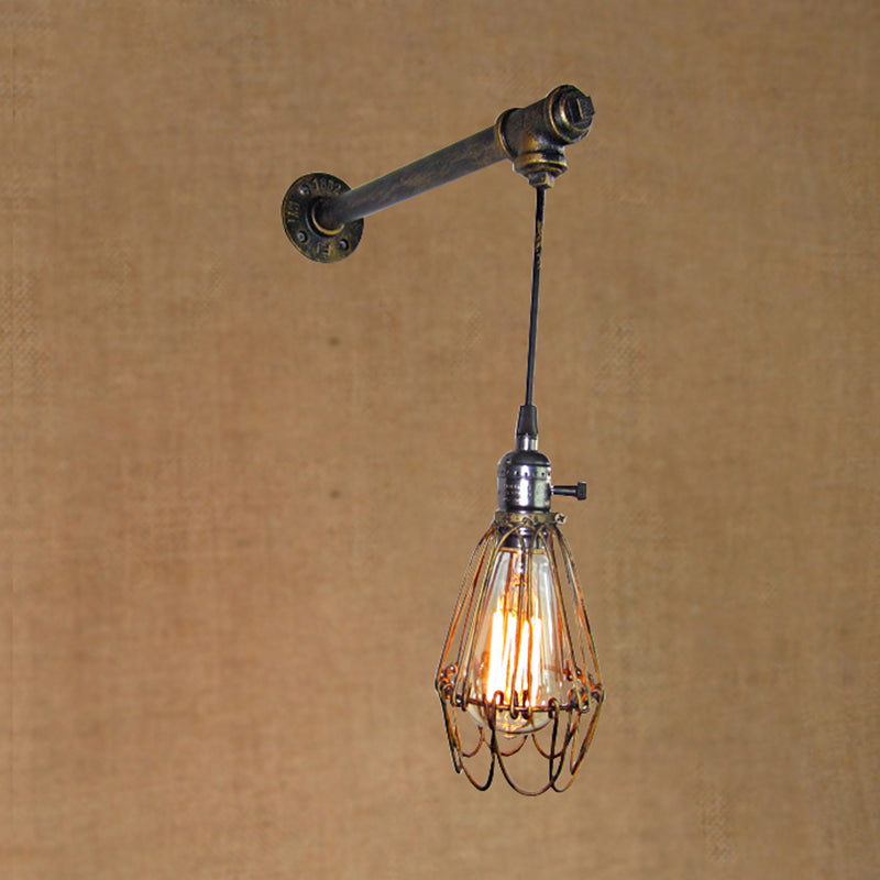 1 Head Iron Wall Lamp Rustic Style Antique Brass Caged Shade Dining Room Wall Light Fixture with Pipe Clearhalo 'Art deco wall lights' 'Cast Iron' 'Glass' 'Industrial wall lights' 'Industrial' 'Middle century wall lights' 'Modern' 'Rustic wall lights' 'Tiffany' 'Traditional wall lights' 'Wall Lamps & Sconces' 'Wall Lights' Lighting' 1420444