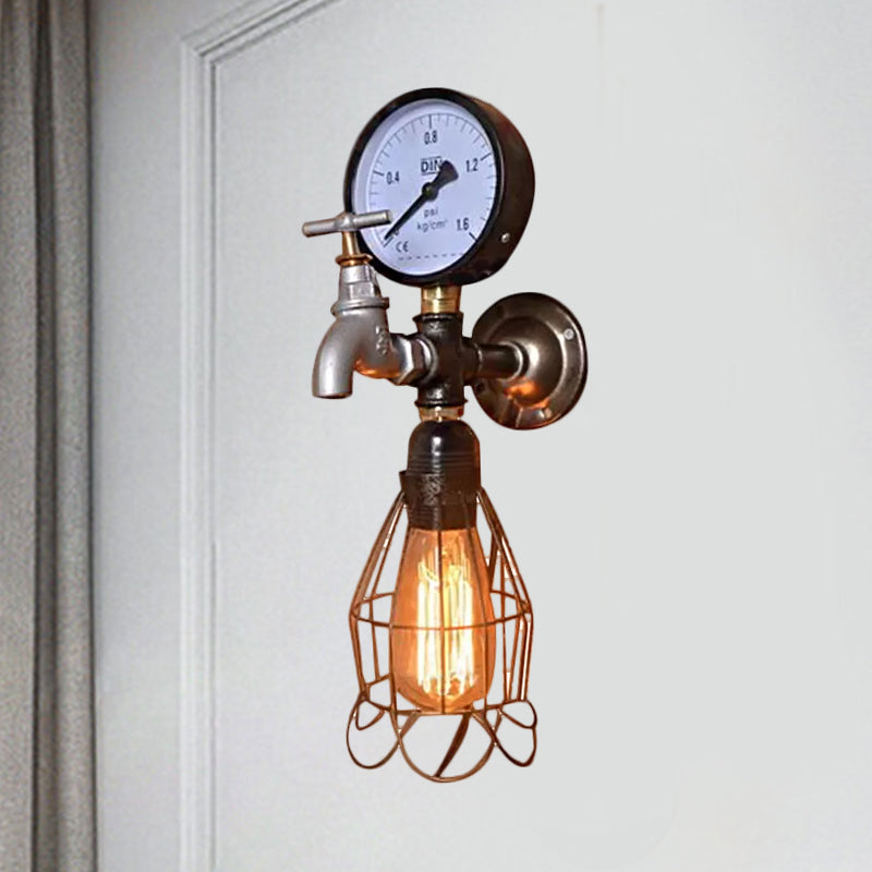 Industrial Diamond Cage Wall Lamp 1 Light Wrought Iron Wall Lighting with Gauge and Faucet in Silver/Blue Clearhalo 'Art deco wall lights' 'Cast Iron' 'Glass' 'Industrial wall lights' 'Industrial' 'Middle century wall lights' 'Modern' 'Rustic wall lights' 'Tiffany' 'Traditional wall lights' 'Wall Lamps & Sconces' 'Wall Lights' Lighting' 1420452