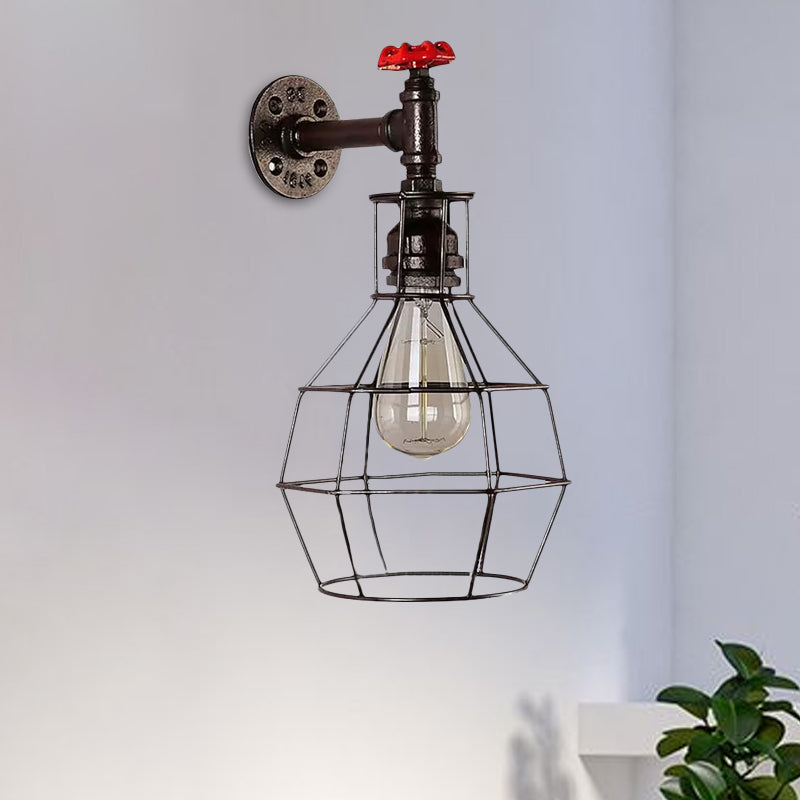 Globe Caged Corridor Wall Light Sconce with Valve Deco Vintage Metal 1 Light Black/Bronze Wall Lamp Clearhalo 'Art deco wall lights' 'Cast Iron' 'Glass' 'Industrial wall lights' 'Industrial' 'Middle century wall lights' 'Modern' 'Rustic wall lights' 'Tiffany' 'Traditional wall lights' 'Wall Lamps & Sconces' 'Wall Lights' Lighting' 1420455