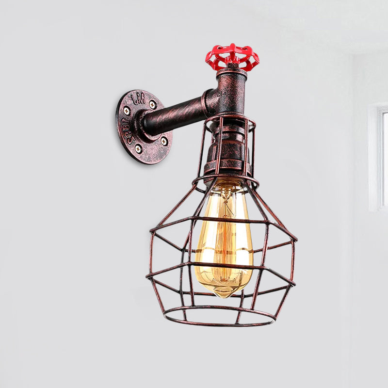 Globe Caged Corridor Wall Light Sconce with Valve Deco Vintage Metal 1 Light Black/Bronze Wall Lamp Clearhalo 'Art deco wall lights' 'Cast Iron' 'Glass' 'Industrial wall lights' 'Industrial' 'Middle century wall lights' 'Modern' 'Rustic wall lights' 'Tiffany' 'Traditional wall lights' 'Wall Lamps & Sconces' 'Wall Lights' Lighting' 1420459