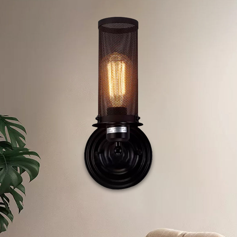 Cylinder Iron Wall Sconce Lighting with Mesh Shade Antique Style 1/2-Bulb Farmhouse Wall Mounted Lamp in Black Clearhalo 'Art deco wall lights' 'Cast Iron' 'Glass' 'Industrial wall lights' 'Industrial' 'Middle century wall lights' 'Modern' 'Rustic wall lights' 'Tiffany' 'Traditional wall lights' 'Wall Lamps & Sconces' 'Wall Lights' Lighting' 1420499