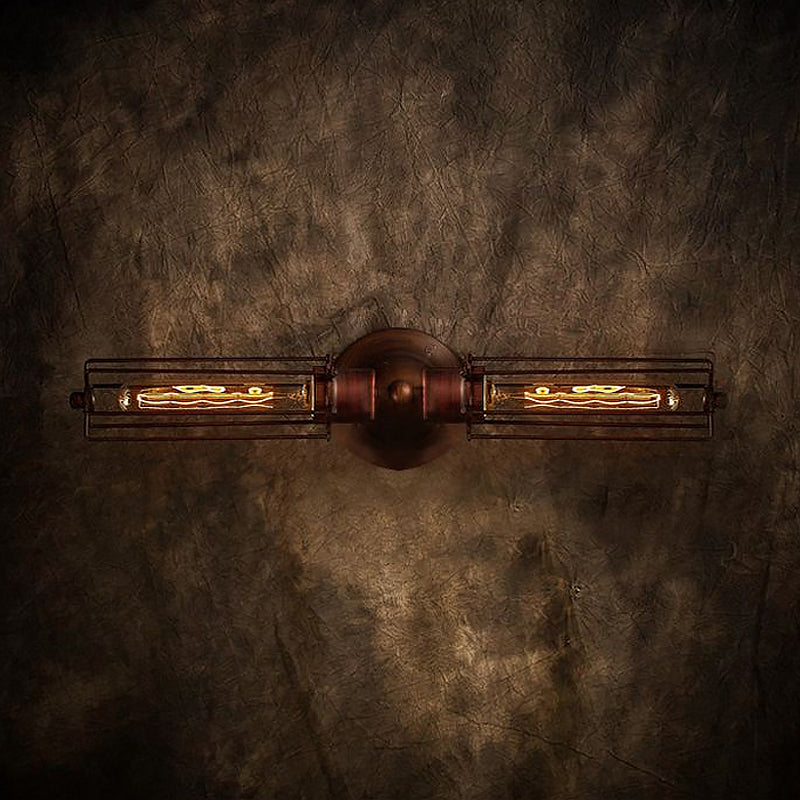 2 Lights Tube Cage Wall Lighting with Linear Design Industrial Style Rust/Black Metallic Wall Lamp for Corridor Clearhalo 'Art deco wall lights' 'Cast Iron' 'Glass' 'Industrial wall lights' 'Industrial' 'Middle century wall lights' 'Modern' 'Rustic wall lights' 'Tiffany' 'Traditional wall lights' 'Wall Lamps & Sconces' 'Wall Lights' Lighting' 1420501