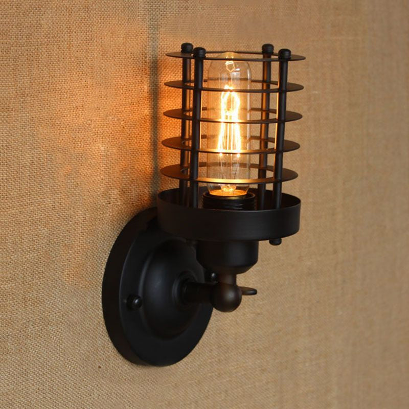 Wrought Iron Cylinder Wall Light with Cage Shade Industrial 1 Head Indoor Wall Mount Light in Rust/Black Finish Clearhalo 'Art deco wall lights' 'Cast Iron' 'Glass' 'Industrial wall lights' 'Industrial' 'Middle century wall lights' 'Modern' 'Rustic wall lights' 'Tiffany' 'Traditional wall lights' 'Wall Lamps & Sconces' 'Wall Lights' Lighting' 1420503