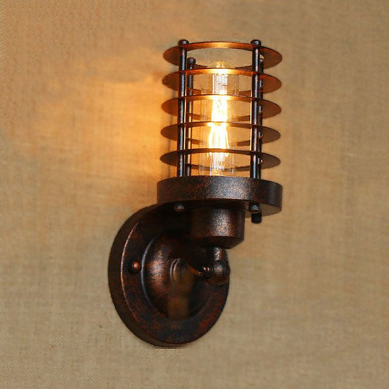 Wrought Iron Cylinder Wall Light with Cage Shade Industrial 1 Head Indoor Wall Mount Light in Rust/Black Finish Clearhalo 'Art deco wall lights' 'Cast Iron' 'Glass' 'Industrial wall lights' 'Industrial' 'Middle century wall lights' 'Modern' 'Rustic wall lights' 'Tiffany' 'Traditional wall lights' 'Wall Lamps & Sconces' 'Wall Lights' Lighting' 1420504