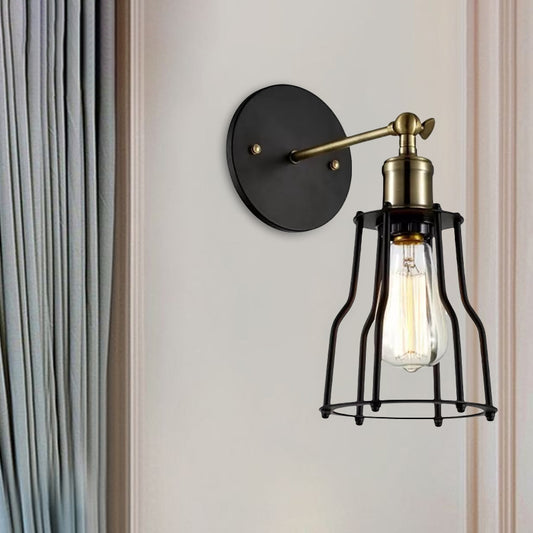 1 Bulb Iron Wall Sconce Lighting Farmhouse Brass/Aged Brass Cage Shade Dining Room Adjustable Wall Lighting Clearhalo 'Art deco wall lights' 'Cast Iron' 'Glass' 'Industrial wall lights' 'Industrial' 'Middle century wall lights' 'Modern' 'Rustic wall lights' 'Tiffany' 'Traditional wall lights' 'Wall Lamps & Sconces' 'Wall Lights' Lighting' 1420506