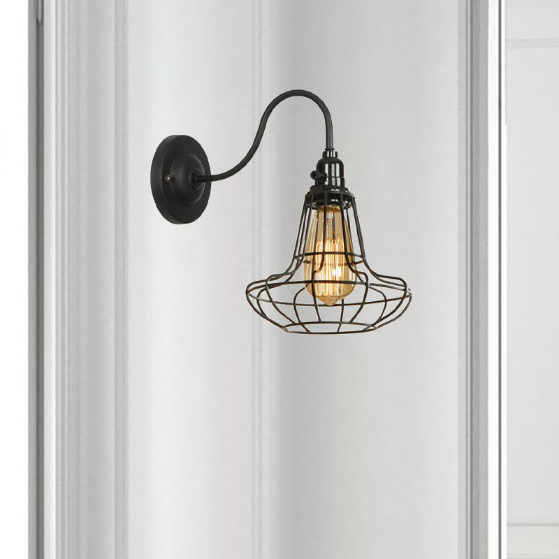 Industrial Globe/Teardrop Cage Wall Sconce Metal 1 Bulb Metallic Wall Lighting with Gooseneck Arm in Black Clearhalo 'Art deco wall lights' 'Cast Iron' 'Glass' 'Industrial wall lights' 'Industrial' 'Middle century wall lights' 'Modern' 'Rustic wall lights' 'Tiffany' 'Traditional wall lights' 'Wall Lamps & Sconces' 'Wall Lights' Lighting' 1420509