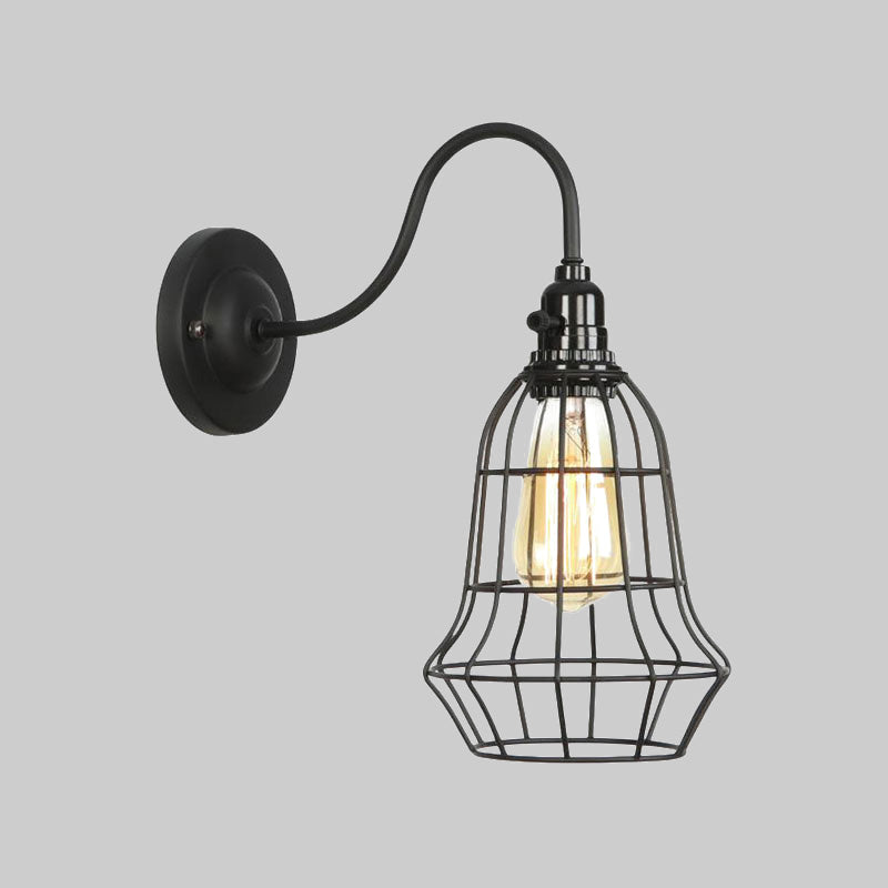 Industrial Globe/Teardrop Cage Wall Sconce Metal 1 Bulb Metallic Wall Lighting with Gooseneck Arm in Black Clearhalo 'Art deco wall lights' 'Cast Iron' 'Glass' 'Industrial wall lights' 'Industrial' 'Middle century wall lights' 'Modern' 'Rustic wall lights' 'Tiffany' 'Traditional wall lights' 'Wall Lamps & Sconces' 'Wall Lights' Lighting' 1420510
