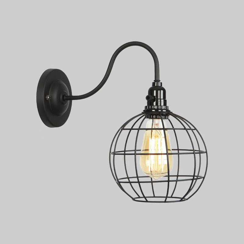 Industrial Globe/Teardrop Cage Wall Sconce Metal 1 Bulb Metallic Wall Lighting with Gooseneck Arm in Black Clearhalo 'Art deco wall lights' 'Cast Iron' 'Glass' 'Industrial wall lights' 'Industrial' 'Middle century wall lights' 'Modern' 'Rustic wall lights' 'Tiffany' 'Traditional wall lights' 'Wall Lamps & Sconces' 'Wall Lights' Lighting' 1420511