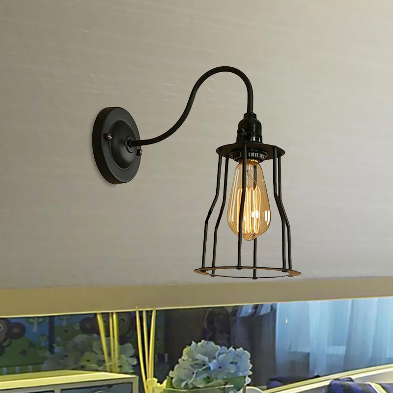 Gooseneck Arm Iron Wall Light Fixture with Cone/Cylinder/Barn Cage Shade Industrial 1 Head Living Room Wall Mount Light in Black Clearhalo 'Art deco wall lights' 'Cast Iron' 'Glass' 'Industrial wall lights' 'Industrial' 'Middle century wall lights' 'Modern' 'Rustic wall lights' 'Tiffany' 'Traditional wall lights' 'Wall Lamps & Sconces' 'Wall Lights' Lighting' 1420512