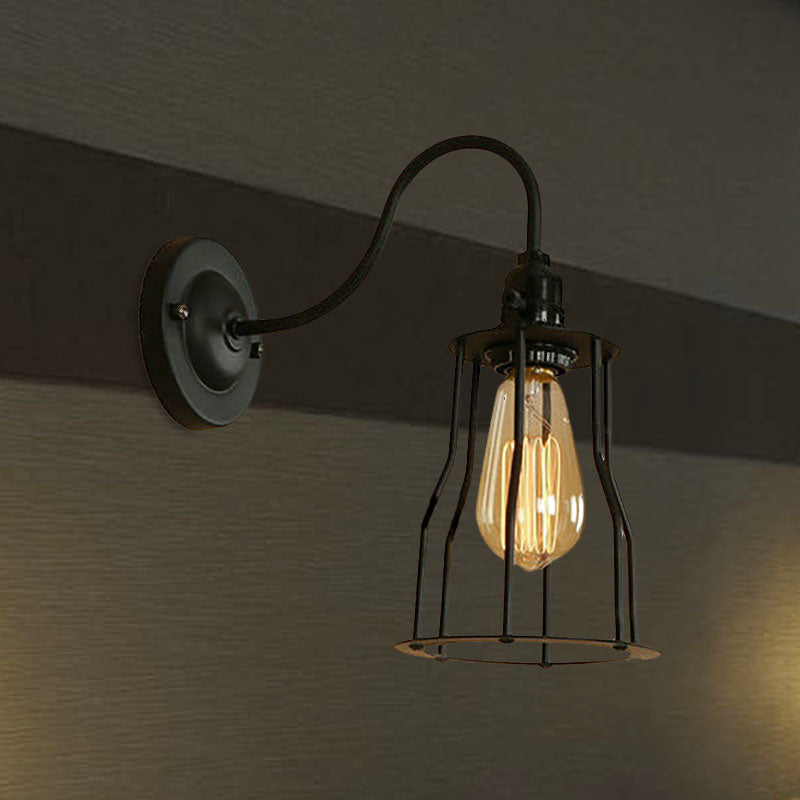 Gooseneck Arm Iron Wall Light Fixture with Cone/Cylinder/Barn Cage Shade Industrial 1 Head Living Room Wall Mount Light in Black Clearhalo 'Art deco wall lights' 'Cast Iron' 'Glass' 'Industrial wall lights' 'Industrial' 'Middle century wall lights' 'Modern' 'Rustic wall lights' 'Tiffany' 'Traditional wall lights' 'Wall Lamps & Sconces' 'Wall Lights' Lighting' 1420513
