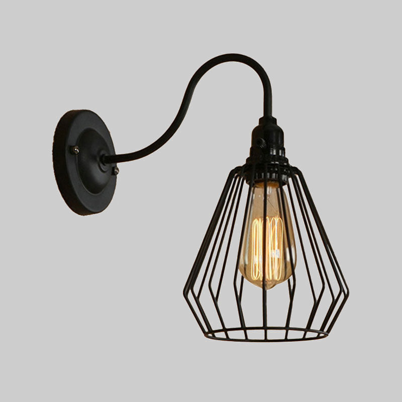 Gooseneck Arm Iron Wall Light Fixture with Cone/Cylinder/Barn Cage Shade Industrial 1 Head Living Room Wall Mount Light in Black Clearhalo 'Art deco wall lights' 'Cast Iron' 'Glass' 'Industrial wall lights' 'Industrial' 'Middle century wall lights' 'Modern' 'Rustic wall lights' 'Tiffany' 'Traditional wall lights' 'Wall Lamps & Sconces' 'Wall Lights' Lighting' 1420514