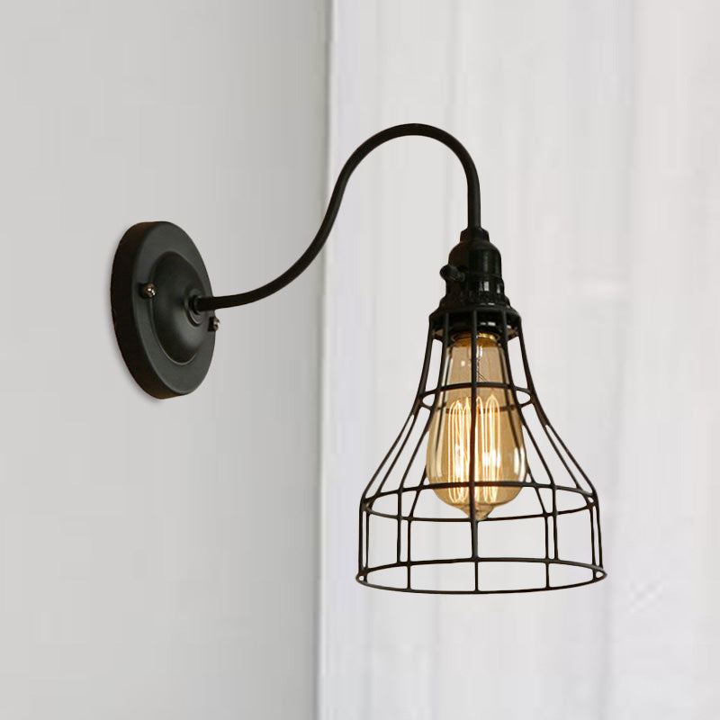 Gooseneck Arm Iron Wall Light Fixture with Cone/Cylinder/Barn Cage Shade Industrial 1 Head Living Room Wall Mount Light in Black Clearhalo 'Art deco wall lights' 'Cast Iron' 'Glass' 'Industrial wall lights' 'Industrial' 'Middle century wall lights' 'Modern' 'Rustic wall lights' 'Tiffany' 'Traditional wall lights' 'Wall Lamps & Sconces' 'Wall Lights' Lighting' 1420515