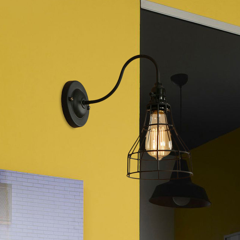 Gooseneck Arm Iron Wall Light Fixture with Cone/Cylinder/Barn Cage Shade Industrial 1 Head Living Room Wall Mount Light in Black Clearhalo 'Art deco wall lights' 'Cast Iron' 'Glass' 'Industrial wall lights' 'Industrial' 'Middle century wall lights' 'Modern' 'Rustic wall lights' 'Tiffany' 'Traditional wall lights' 'Wall Lamps & Sconces' 'Wall Lights' Lighting' 1420516