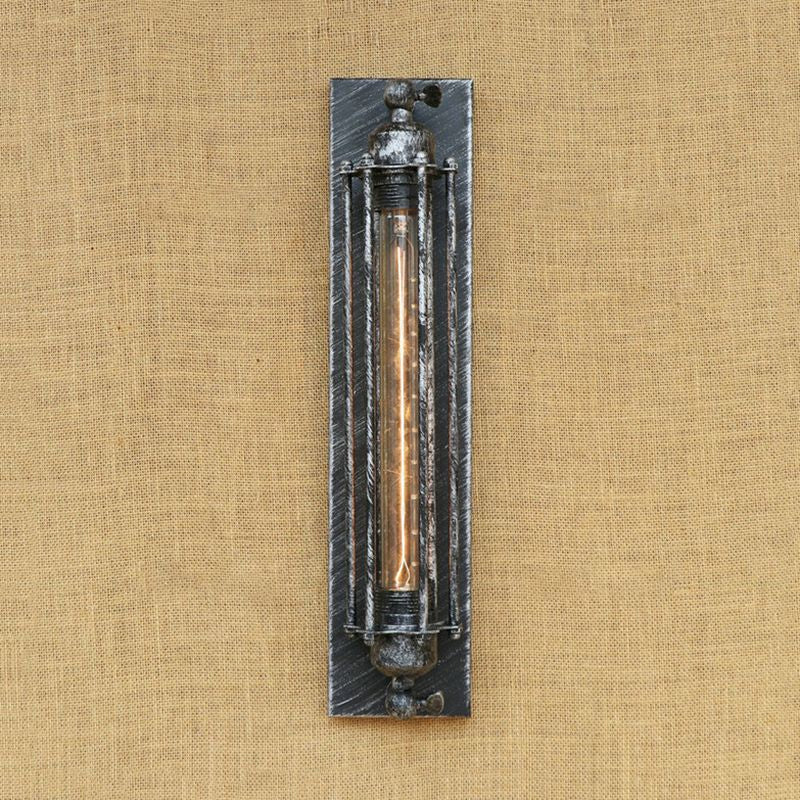 1 Light Linear Wall Sconce with Wire Frame Industrial Black/Silver Metallic Wall Mount Light for Bedroom Clearhalo 'Art deco wall lights' 'Cast Iron' 'Glass' 'Industrial wall lights' 'Industrial' 'Middle century wall lights' 'Modern' 'Rustic wall lights' 'Tiffany' 'Traditional wall lights' 'Wall Lamps & Sconces' 'Wall Lights' Lighting' 1420529