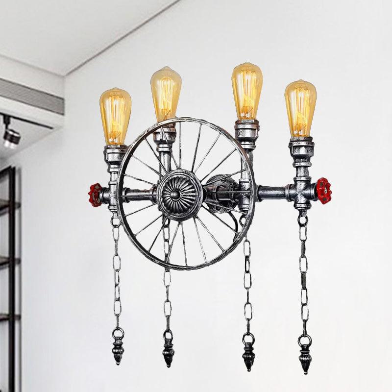4 Lights Wheel Wall Lighting with Exposed Bulb Industrial Rustic Bronze/Silver Metal Sconce Lighting for Living Room Clearhalo 'Art deco wall lights' 'Cast Iron' 'Glass' 'Industrial wall lights' 'Industrial' 'Middle century wall lights' 'Modern' 'Rustic wall lights' 'Tiffany' 'Traditional wall lights' 'Wall Lamps & Sconces' 'Wall Lights' Lighting' 1420541