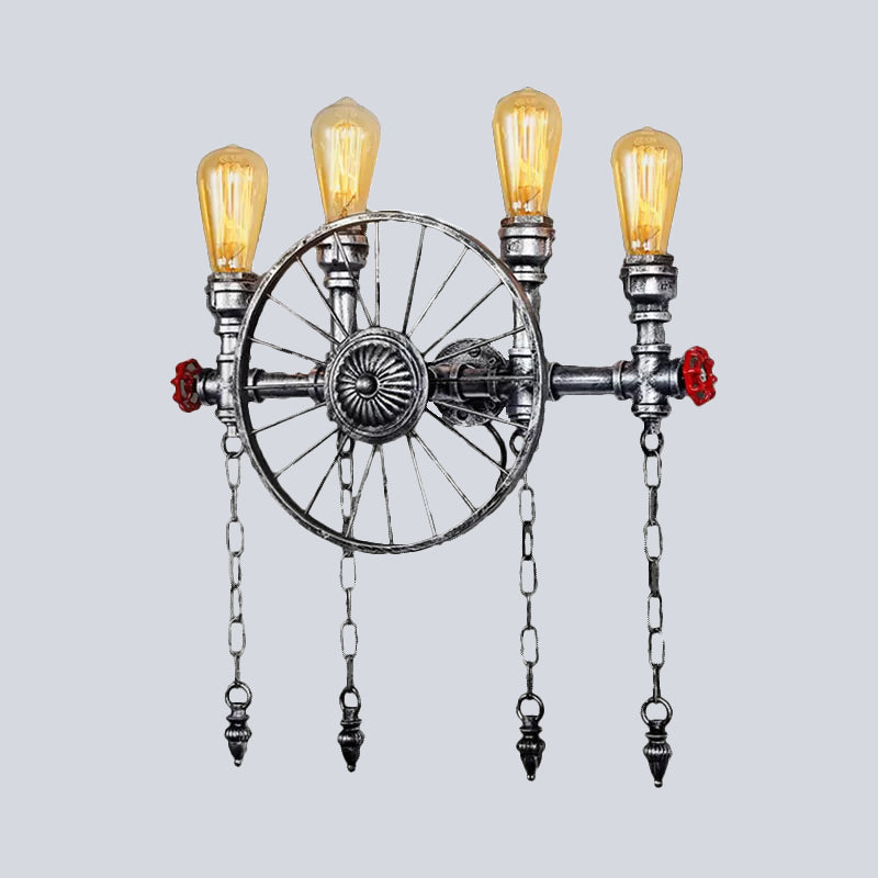 4 Lights Wheel Wall Lighting with Exposed Bulb Industrial Rustic Bronze/Silver Metal Sconce Lighting for Living Room Clearhalo 'Art deco wall lights' 'Cast Iron' 'Glass' 'Industrial wall lights' 'Industrial' 'Middle century wall lights' 'Modern' 'Rustic wall lights' 'Tiffany' 'Traditional wall lights' 'Wall Lamps & Sconces' 'Wall Lights' Lighting' 1420542