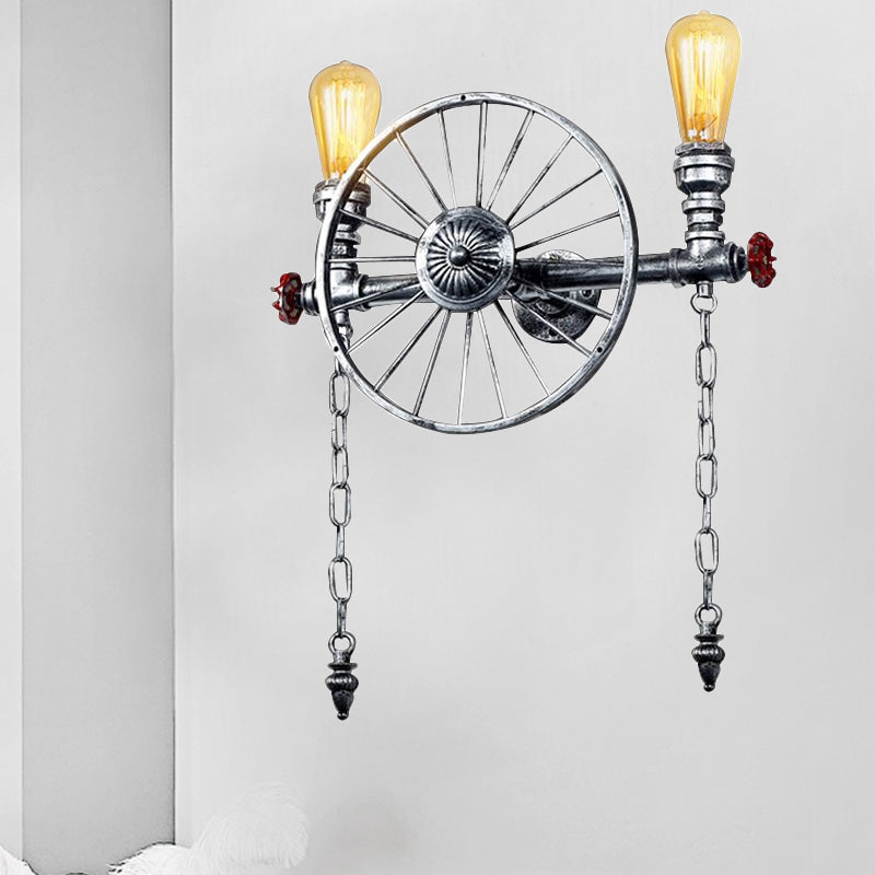 1/2-Head Bare Bulb Wall Mount Light Industrial Style Silver/Bronze/Antique Brass Wrought Iron Wall Lighting with Wheel Decoration Clearhalo 'Art deco wall lights' 'Cast Iron' 'Glass' 'Industrial wall lights' 'Industrial' 'Middle century wall lights' 'Modern' 'Rustic wall lights' 'Tiffany' 'Traditional wall lights' 'Wall Lamps & Sconces' 'Wall Lights' Lighting' 1420545