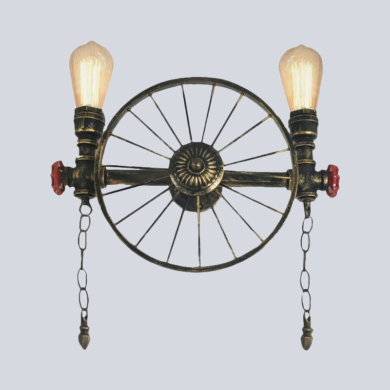 1/2-Head Bare Bulb Wall Mount Light Industrial Style Silver/Bronze/Antique Brass Wrought Iron Wall Lighting with Wheel Decoration Clearhalo 'Art deco wall lights' 'Cast Iron' 'Glass' 'Industrial wall lights' 'Industrial' 'Middle century wall lights' 'Modern' 'Rustic wall lights' 'Tiffany' 'Traditional wall lights' 'Wall Lamps & Sconces' 'Wall Lights' Lighting' 1420548