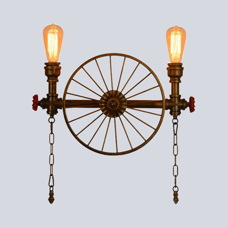 1/2-Head Bare Bulb Wall Mount Light Industrial Style Silver/Bronze/Antique Brass Wrought Iron Wall Lighting with Wheel Decoration Clearhalo 'Art deco wall lights' 'Cast Iron' 'Glass' 'Industrial wall lights' 'Industrial' 'Middle century wall lights' 'Modern' 'Rustic wall lights' 'Tiffany' 'Traditional wall lights' 'Wall Lamps & Sconces' 'Wall Lights' Lighting' 1420549