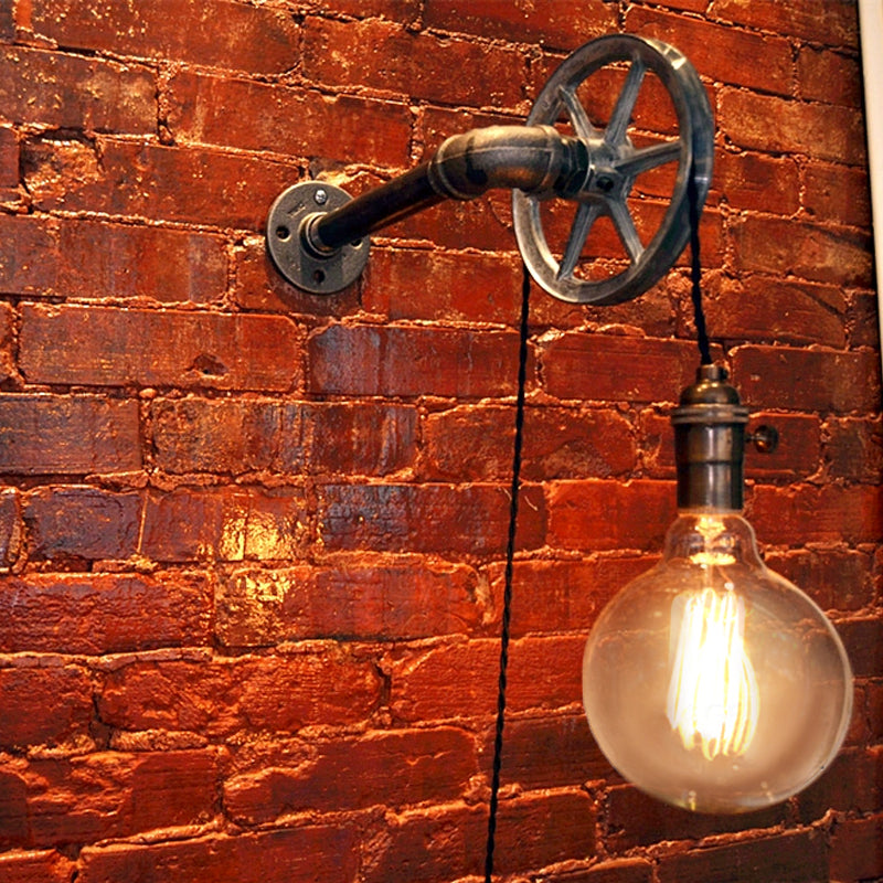Vintage Style Pulley Design Wall Light with Bare Bulb 1 Light Iron Sconce Light Fixture in Rust for Farmhouse Clearhalo 'Art deco wall lights' 'Cast Iron' 'Glass' 'Industrial wall lights' 'Industrial' 'Middle century wall lights' 'Modern' 'Rustic wall lights' 'Tiffany' 'Traditional wall lights' 'Wall Lamps & Sconces' 'Wall Lights' Lighting' 1420550