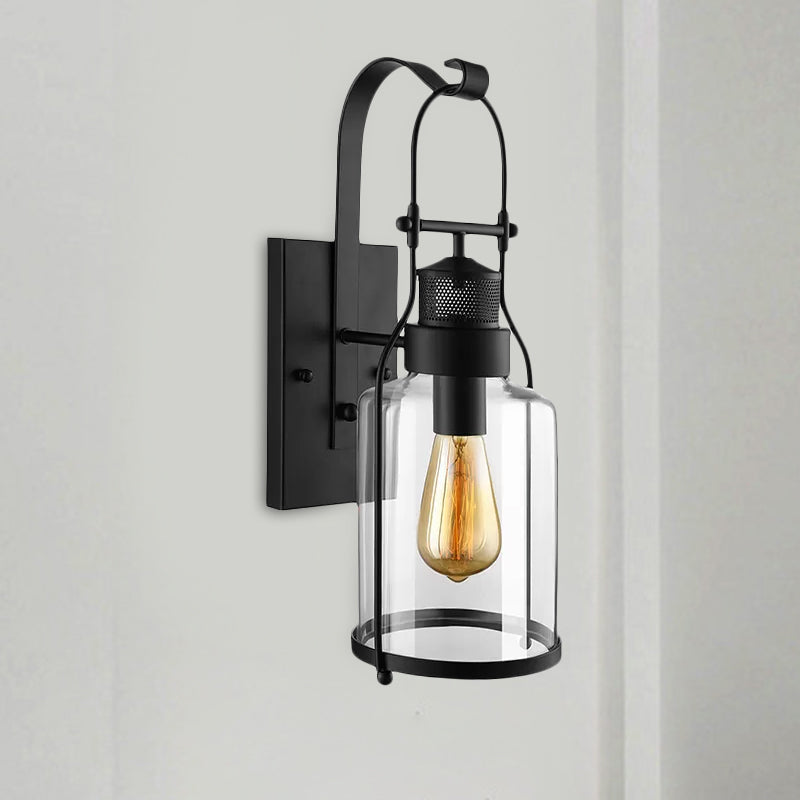 Cylinder Clear Glass Wall Mounted Lamp Industrial Single Bulb Living Room Sconce Light in Black/White/Rust with Cage Clearhalo 'Cast Iron' 'Glass' 'Industrial wall lights' 'Industrial' 'Middle century wall lights' 'Modern' 'Tiffany' 'Traditional wall lights' 'Wall Lamps & Sconces' 'Wall Lights' Lighting' 1420602