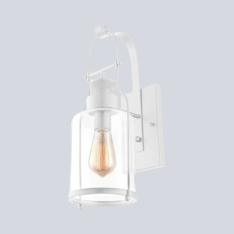 Cylinder Clear Glass Wall Mounted Lamp Industrial Single Bulb Living Room Sconce Light in Black/White/Rust with Cage Clearhalo 'Cast Iron' 'Glass' 'Industrial wall lights' 'Industrial' 'Middle century wall lights' 'Modern' 'Tiffany' 'Traditional wall lights' 'Wall Lamps & Sconces' 'Wall Lights' Lighting' 1420604