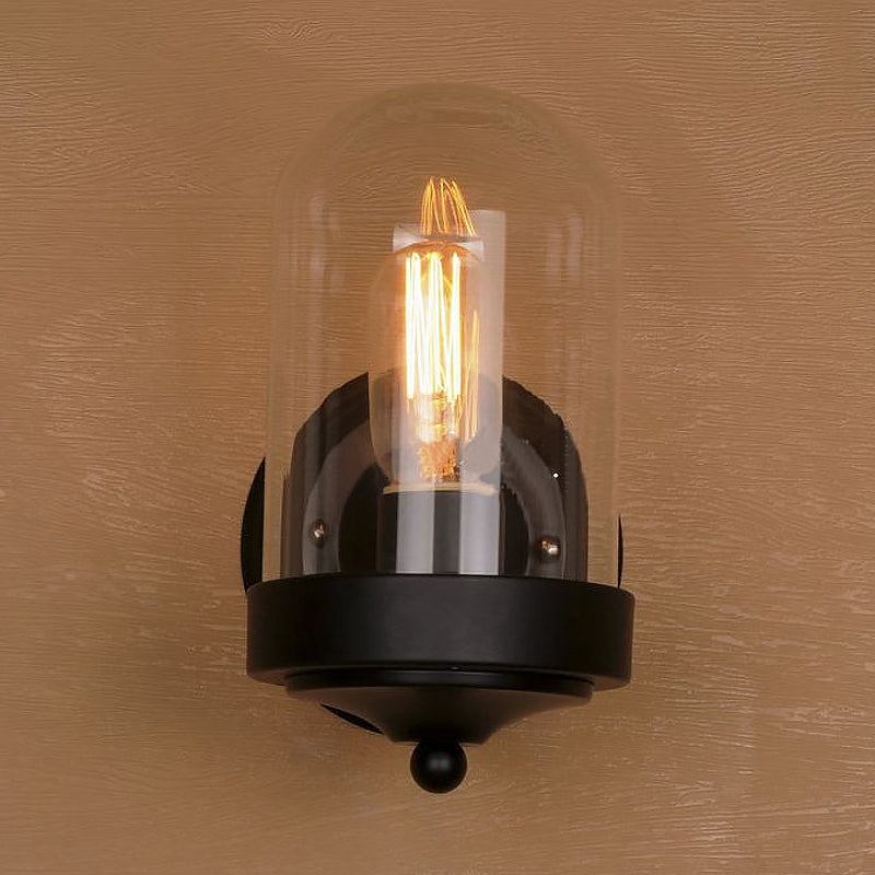 Capsule Wall Mounted Light Fixture 1/2 Bulb Industrial Black Clear Glass Lighting for Porch Clearhalo 'Cast Iron' 'Glass' 'Industrial wall lights' 'Industrial' 'Middle century wall lights' 'Modern' 'Tiffany' 'Traditional wall lights' 'Wall Lamps & Sconces' 'Wall Lights' Lighting' 1420614