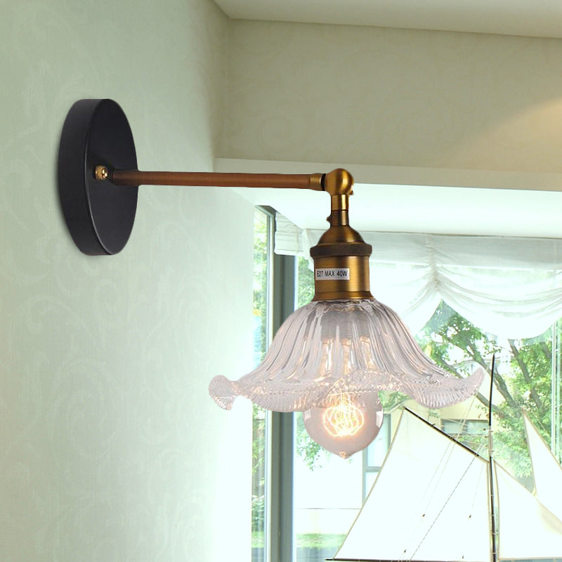 Clear Ribbed Glass Cone/Flower Wall Sconce Industrial 1 Light Living Room Lighting Fixture in Brass For Dining Room Clearhalo 'Cast Iron' 'Glass' 'Industrial wall lights' 'Industrial' 'Middle century wall lights' 'Modern' 'Tiffany' 'Traditional wall lights' 'Wall Lamps & Sconces' 'Wall Lights' Lighting' 1420642