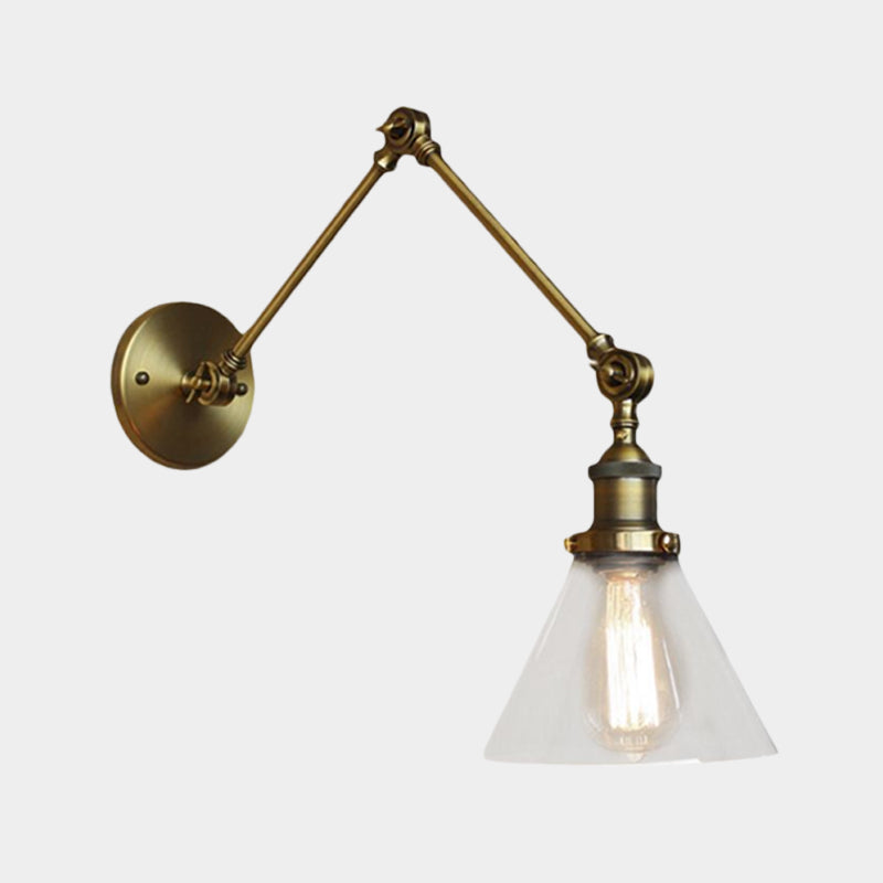 1 Light Tapered Sconce Light Fixture Vintage Style Satin Brass/Chrome/Antique Brass Clear Glass Wall Lamp for Living Room Clearhalo 'Art deco wall lights' 'Cast Iron' 'Glass' 'Industrial wall lights' 'Industrial' 'Middle century wall lights' 'Modern' 'Rustic wall lights' 'Tiffany' 'Traditional wall lights' 'Wall Lamps & Sconces' 'Wall Lights' Lighting' 1420650