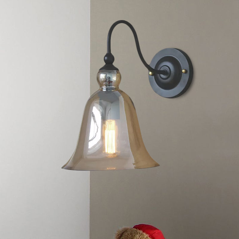 Bell Bedroom Wall Light Fixture Industrial Clear/Green/Smoked Glass 1 Light Black Sconce Lamp with Gooseneck Arm Clearhalo 'Art deco wall lights' 'Cast Iron' 'Glass' 'Industrial wall lights' 'Industrial' 'Middle century wall lights' 'Modern' 'Rustic wall lights' 'Tiffany' 'Traditional wall lights' 'Wall Lamps & Sconces' 'Wall Lights' Lighting' 1420669