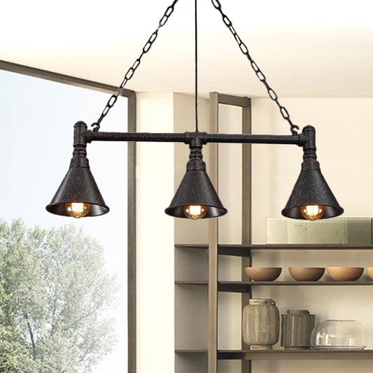 Rust Conical Island Lighting with Pipe Design Vintage Industrial Metal 3 Lights Dining Room Hanging Ceiling Light Clearhalo 'Ceiling Lights' 'Island Lights' Lighting' 1420686