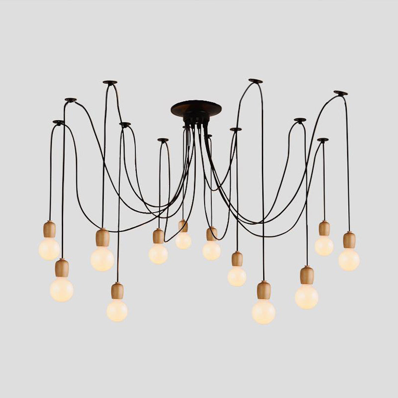 Black Swag Hanging Lamp with Exposed Bulb Industrial Wood 8/12 Lights Dining Room Pendant Lamp Clearhalo 'Ceiling Lights' 'Industrial Pendants' 'Industrial' 'Middle Century Pendants' 'Pendant Lights' 'Pendants' 'Tiffany' Lighting' 1420702