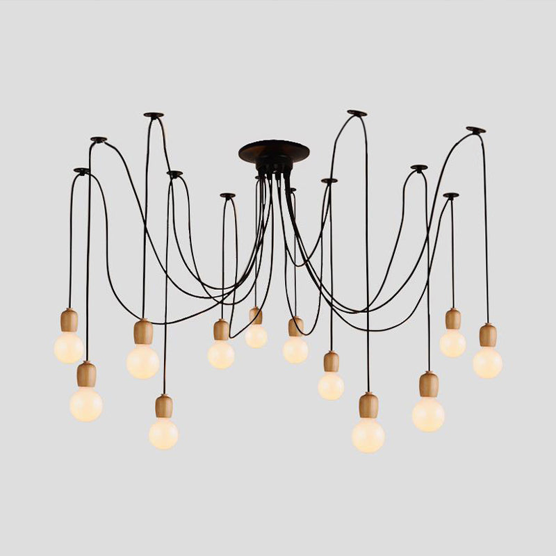 Black Swag Hanging Lamp with Exposed Bulb Industrial Wood 8/12 Lights Dining Room Pendant Lamp Clearhalo 'Ceiling Lights' 'Industrial Pendants' 'Industrial' 'Middle Century Pendants' 'Pendant Lights' 'Pendants' 'Tiffany' Lighting' 1420702