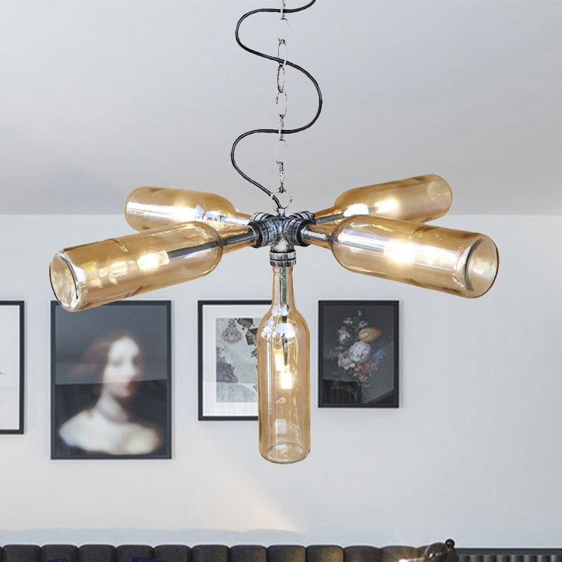 Smoke Gray/Blue Bottle Ceiling Lighting Farmhouse Style Glass 3/4/5 Lights Dining Room Hanging Lamp in Aged Silver/Black Clearhalo 'Ceiling Lights' 'Glass shade' 'Glass' 'Industrial Pendants' 'Industrial' 'Island Lights' 'Middle Century Pendants' 'Pendant Lights' 'Pendants' 'Tiffany' Lighting' 1420711