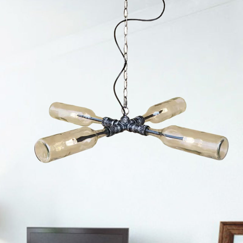 Smoke Gray/Blue Bottle Ceiling Lighting Farmhouse Style Glass 3/4/5 Lights Dining Room Hanging Lamp in Aged Silver/Black Clearhalo 'Ceiling Lights' 'Glass shade' 'Glass' 'Industrial Pendants' 'Industrial' 'Island Lights' 'Middle Century Pendants' 'Pendant Lights' 'Pendants' 'Tiffany' Lighting' 1420716