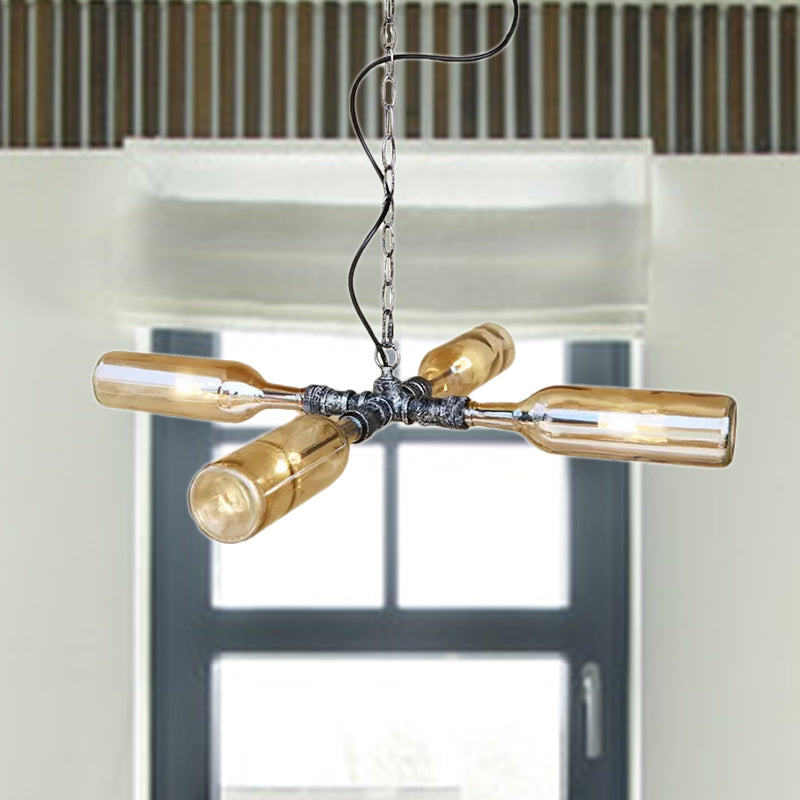 Smoke Gray/Blue Bottle Ceiling Lighting Farmhouse Style Glass 3/4/5 Lights Dining Room Hanging Lamp in Aged Silver/Black Clearhalo 'Ceiling Lights' 'Glass shade' 'Glass' 'Industrial Pendants' 'Industrial' 'Island Lights' 'Middle Century Pendants' 'Pendant Lights' 'Pendants' 'Tiffany' Lighting' 1420718