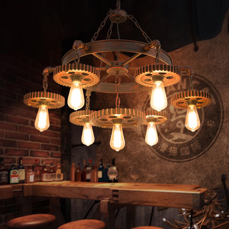 3/7 Heads Gear Pendant Lighting with Open Bulb Antique Style Dark Rust Metal Chandelier Light Fixture for Restaurant Clearhalo 'Cast Iron' 'Ceiling Lights' 'Chandeliers' 'Industrial Chandeliers' 'Industrial' 'Metal' 'Middle Century Chandeliers' 'Rustic Chandeliers' 'Tiffany' Lighting' 1420725