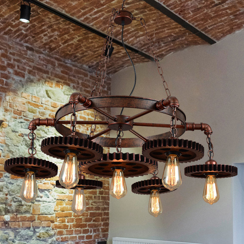 3/7 Heads Gear Pendant Lighting with Open Bulb Antique Style Dark Rust Metal Chandelier Light Fixture for Restaurant Clearhalo 'Cast Iron' 'Ceiling Lights' 'Chandeliers' 'Industrial Chandeliers' 'Industrial' 'Metal' 'Middle Century Chandeliers' 'Rustic Chandeliers' 'Tiffany' Lighting' 1420726