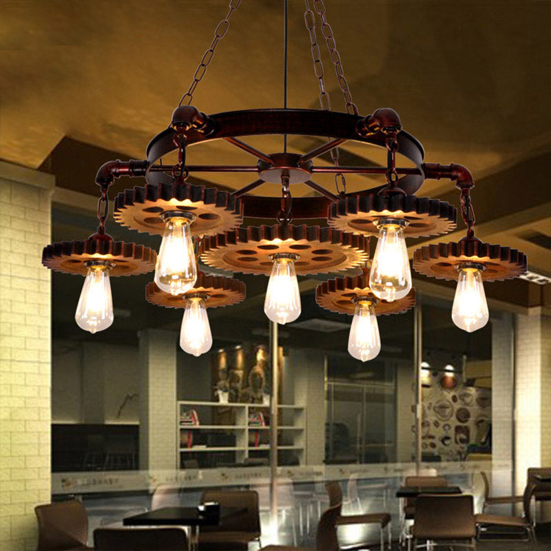 3/7 Heads Gear Pendant Lighting with Open Bulb Antique Style Dark Rust Metal Chandelier Light Fixture for Restaurant Clearhalo 'Cast Iron' 'Ceiling Lights' 'Chandeliers' 'Industrial Chandeliers' 'Industrial' 'Metal' 'Middle Century Chandeliers' 'Rustic Chandeliers' 'Tiffany' Lighting' 1420727