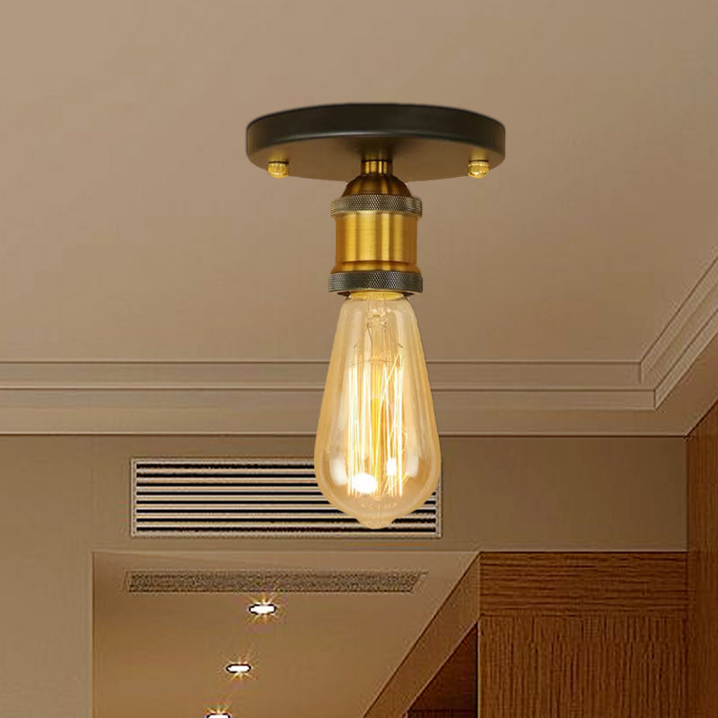 Black/Brass Finish Expose Bulb Ceiling Lighting Retro Industrial Metal 1 Light Balcony Semi Flush Mount Light Clearhalo 'Ceiling Lights' 'Close To Ceiling Lights' 'Close to ceiling' 'Semi-flushmount' Lighting' 1420832