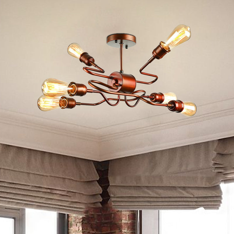 Twisted Arm Iron Ceiling Light Farmhouse Style 6 Lights Living Room Semi Flush Mount Lighting in Copper Clearhalo 'Ceiling Lights' 'Close To Ceiling Lights' 'Close to ceiling' 'Semi-flushmount' Lighting' 1420839