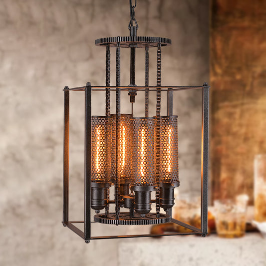 Rectangle Cage Metal Pendant Light with Inner Cylindrical Shade Antique Style 4 Lights Indoor Chandelier Lamp in Black Clearhalo 'Cast Iron' 'Ceiling Lights' 'Chandeliers' 'Industrial Chandeliers' 'Industrial' 'Metal' 'Middle Century Chandeliers' 'Rustic Chandeliers' 'Tiffany' Lighting' 1420850