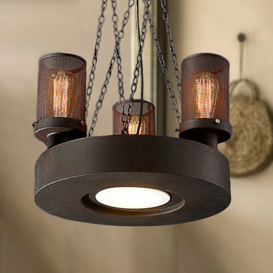 Farmhouse Style Cylindrical Hanging Chandelier Light with Mesh Shade 3 Bulbs Iron Ceiling Fixture in Rust Clearhalo 'Cast Iron' 'Ceiling Lights' 'Chandeliers' 'Industrial Chandeliers' 'Industrial' 'Metal' 'Middle Century Chandeliers' 'Rustic Chandeliers' 'Tiffany' Lighting' 1420858