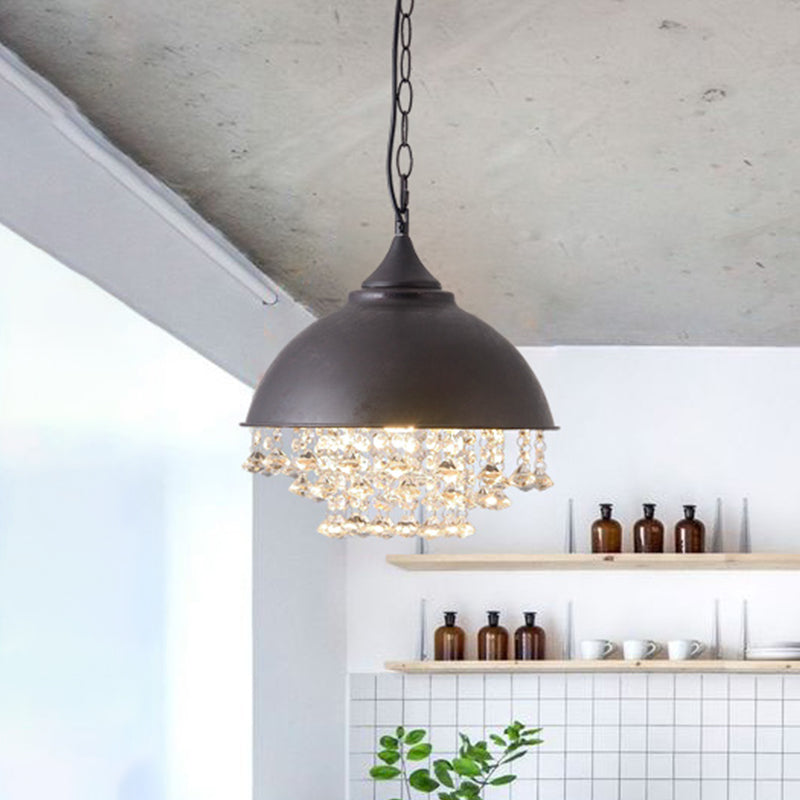 1 Bulb Dome Pendant Light Fixture Industrial Black/Chrome Metal Hanging Light with Crystal Bead Clearhalo 'Art Deco Pendants' 'Cast Iron' 'Ceiling Lights' 'Ceramic' 'Crystal' 'Industrial Pendants' 'Industrial' 'Metal' 'Middle Century Pendants' 'Pendant Lights' 'Pendants' 'Tiffany' Lighting' 1420901