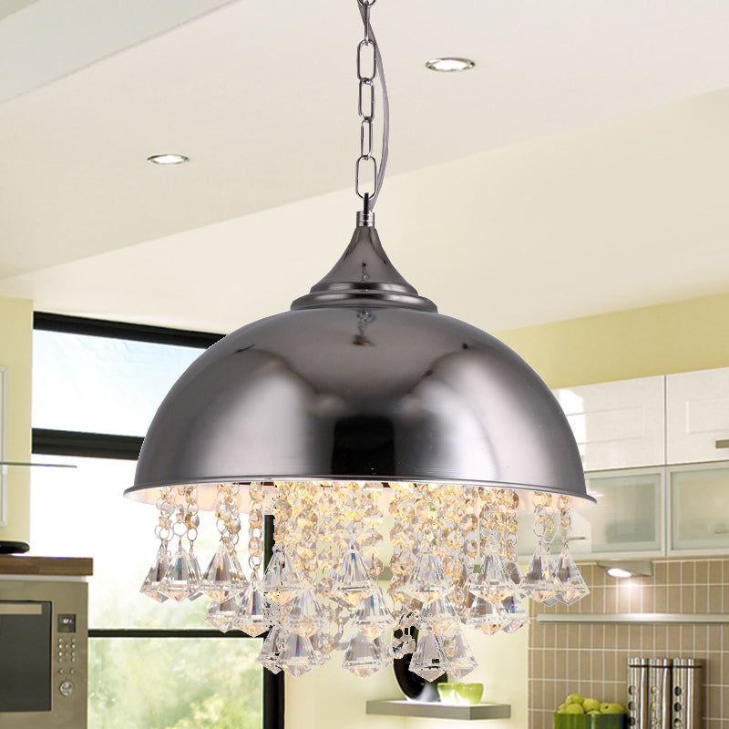 1 Bulb Dome Pendant Light Fixture Industrial Black/Chrome Metal Hanging Light with Crystal Bead Clearhalo 'Art Deco Pendants' 'Cast Iron' 'Ceiling Lights' 'Ceramic' 'Crystal' 'Industrial Pendants' 'Industrial' 'Metal' 'Middle Century Pendants' 'Pendant Lights' 'Pendants' 'Tiffany' Lighting' 1420903