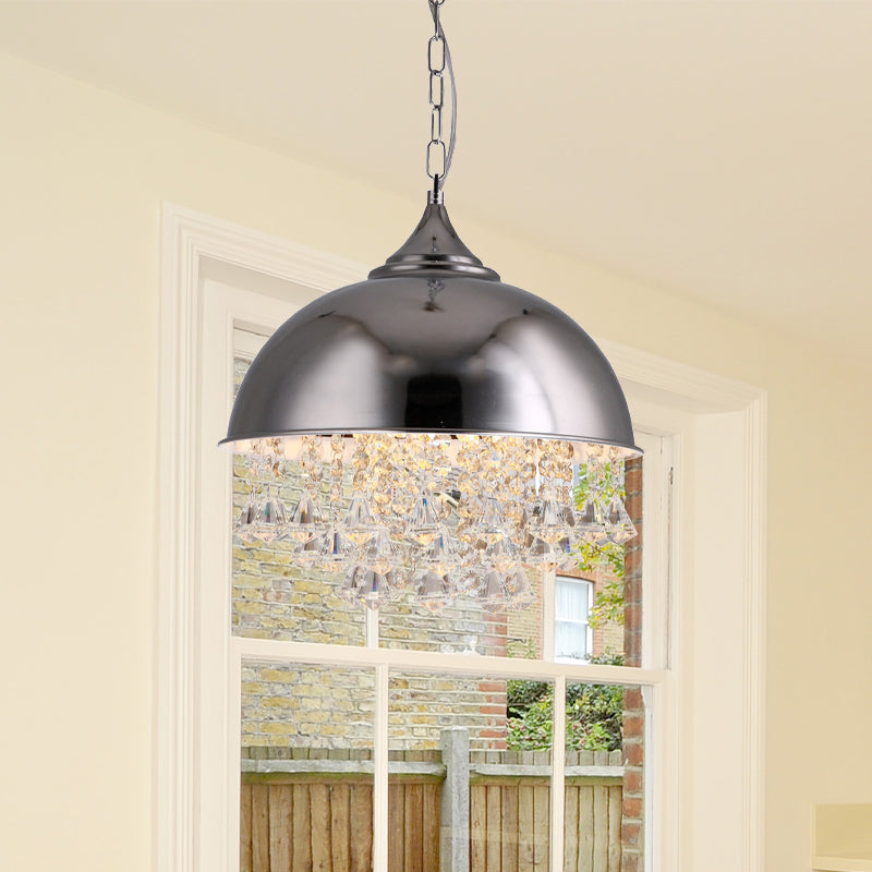 1 Bulb Dome Pendant Light Fixture Industrial Black/Chrome Metal Hanging Light with Crystal Bead Clearhalo 'Art Deco Pendants' 'Cast Iron' 'Ceiling Lights' 'Ceramic' 'Crystal' 'Industrial Pendants' 'Industrial' 'Metal' 'Middle Century Pendants' 'Pendant Lights' 'Pendants' 'Tiffany' Lighting' 1420904