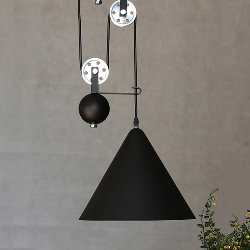 Black/White Finish Conical Hanging Lamp with Pulley Industrial Style Metal 1 Light Farmhouse Pendant Lighting Clearhalo 'Art Deco Pendants' 'Black' 'Cast Iron' 'Ceiling Lights' 'Ceramic' 'Crystal' 'Industrial Pendants' 'Industrial' 'Metal' 'Middle Century Pendants' 'Pendant Lights' 'Pendants' 'Rustic Pendants' 'Tiffany' Lighting' 1420914