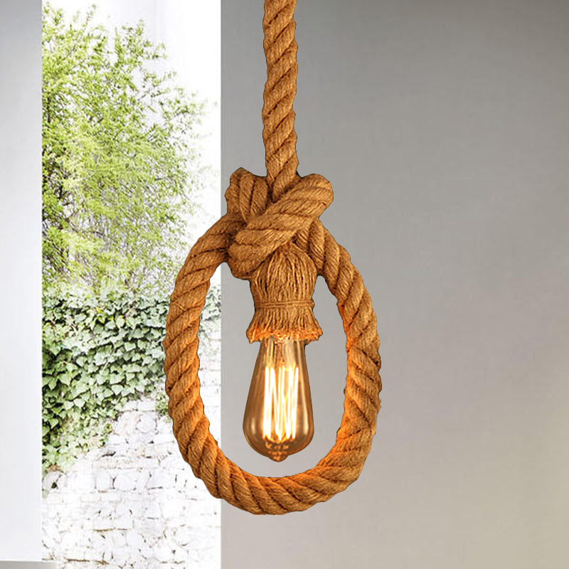1 Head Natural Rope Pendant Lighting Lodge Beige Open Bulb Restaurant Adjustable Ceiling Light Fixture Clearhalo 'Ceiling Lights' 'Industrial Pendants' 'Industrial' 'Middle Century Pendants' 'Pendant Lights' 'Pendants' 'Tiffany' Lighting' 1420951